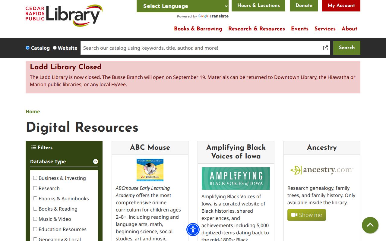 Cedar Rapids residents directory library digital resources